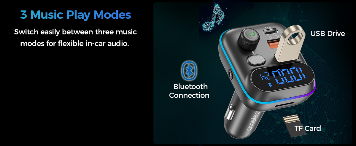 CHOETECH TC0050 Bluetooth 5.3 FM Transmitter Car Charger 36W PD USB-C Hands-Free
