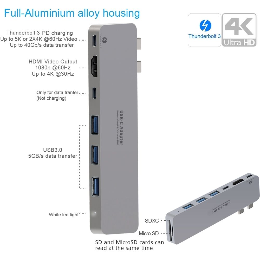 9820T 8-in-1 Dual USB-C Adapter for MacBook/Pro HDMI/ Thunderbolt3/USB3.0*3/TypeC/SD/TF