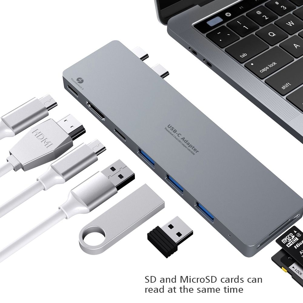9820T 8-in-1 Dual USB-C Adapter for MacBook/Pro HDMI/ Thunderbolt3/USB3.0*3/TypeC/SD/TF