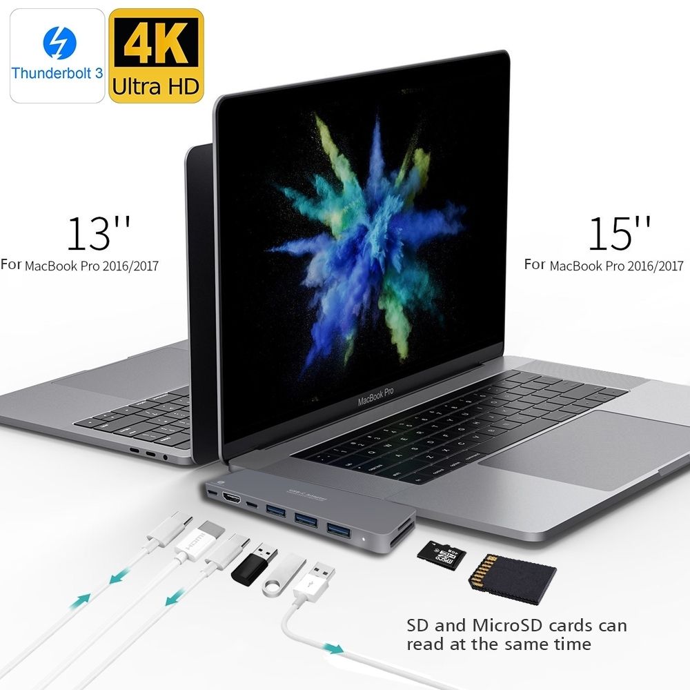 9820T 8-in-1 Dual USB-C Adapter for MacBook/Pro HDMI/ Thunderbolt3/USB3.0*3/TypeC/SD/TF