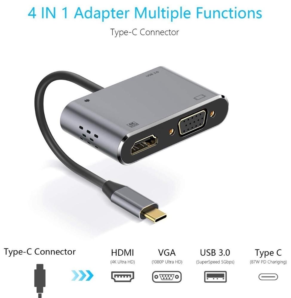 INTACT 9837T 4-in-1 USB-C Adapter HDMI +VGA + USB3.0 + USB-C (PD)