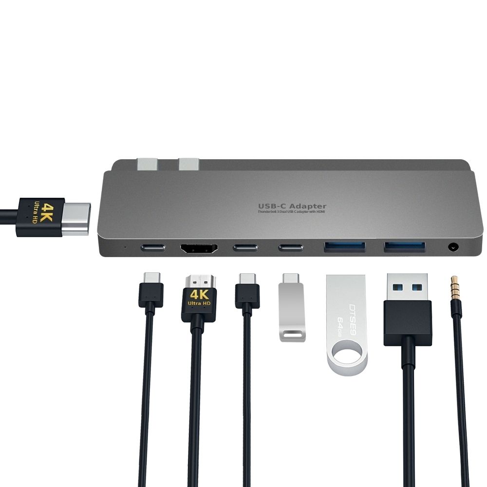 INTACT 9839T Dual USB-C 8-in-1 with Dual HDMI+USB3.0*3+USB-C Female + PD Power Adapter