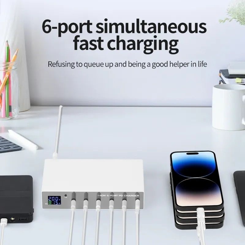 WLX-X6P 6-port USB-C multi-function PD charger, single port 30W x 6 Ports Total power: 140W