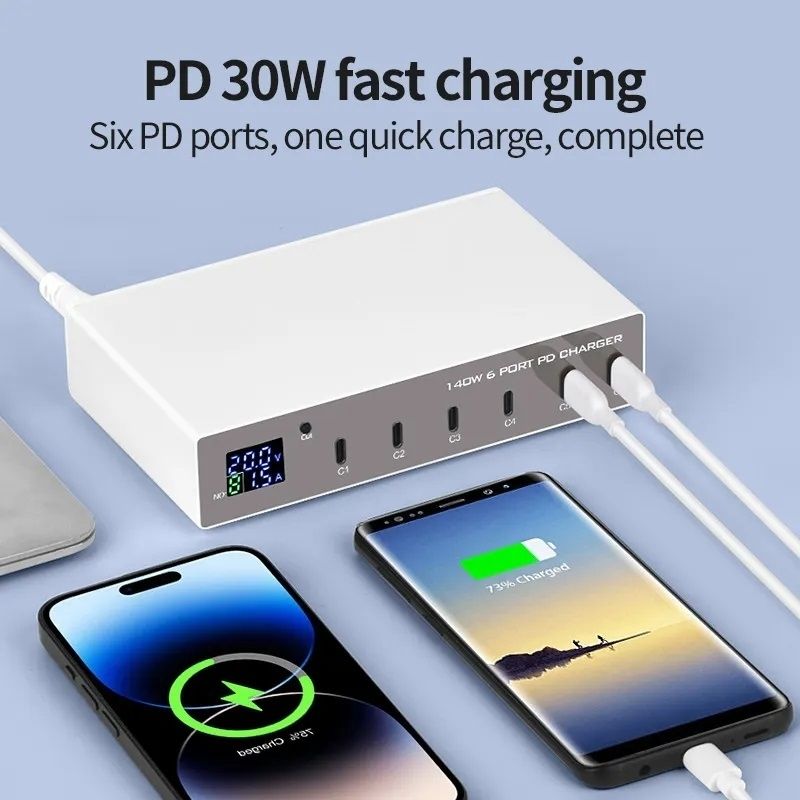 WLX-X6P 6-port USB-C multi-function PD charger, single port 30W x 6 Ports Total power: 140W