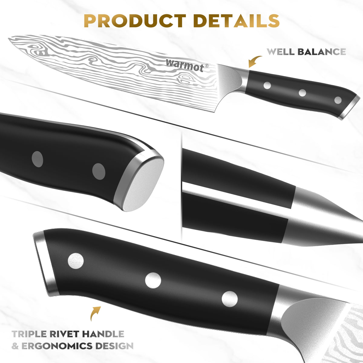 Warmot 3pc Kitchen Knife Set High Carbon Stainless Steel Triple Riveted 997-3