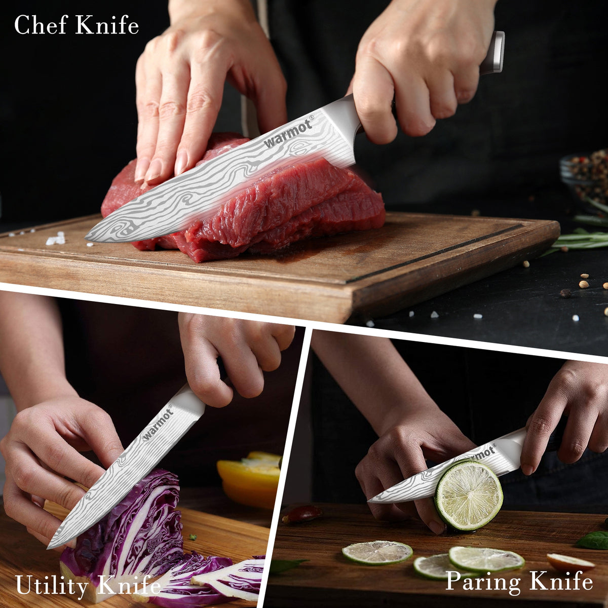 Warmot 3pc Kitchen Knife Set High Carbon Stainless Steel Triple Riveted 997-3