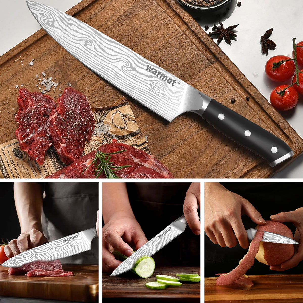 Warmot 3pc Kitchen Knife Set High Carbon Stainless Steel Triple Riveted 997-3