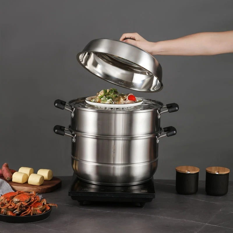 Zhang Xiaoquan 28cm Stainless Steel 3-Tier Steamer Pot with Glass Lid, Kit