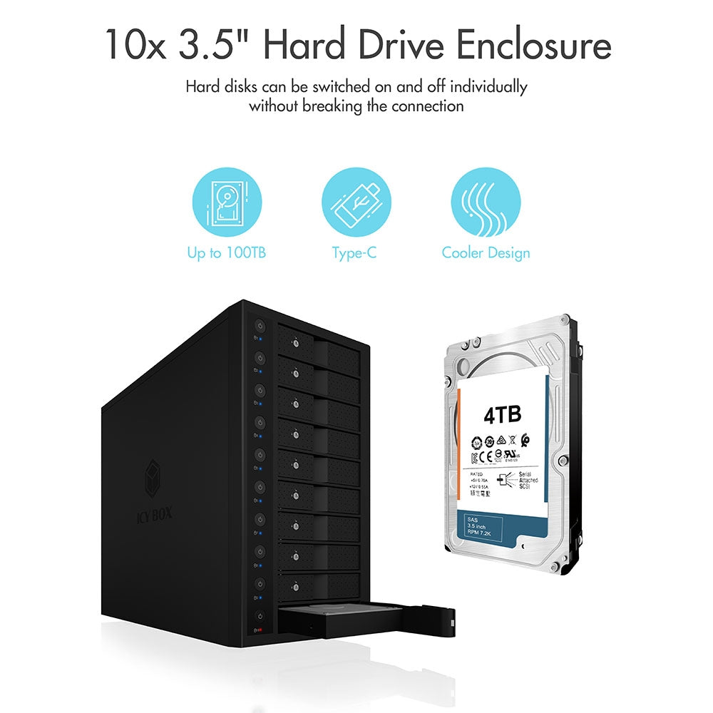 IB-3810-C31 SINGLE enclosure for 10x HDD with USB 3.1 (Gen 2) Type-C or Type-A interface