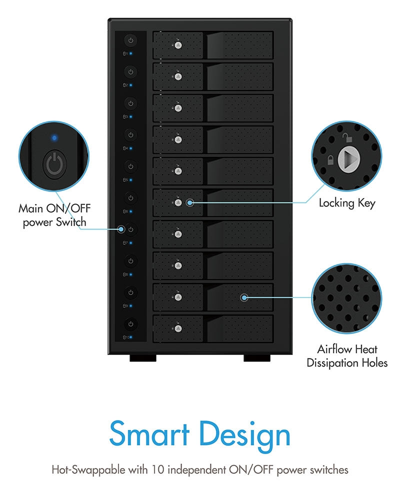 IB-3810-C31 SINGLE enclosure for 10x HDD with USB 3.1 (Gen 2) Type-C or Type-A interface
