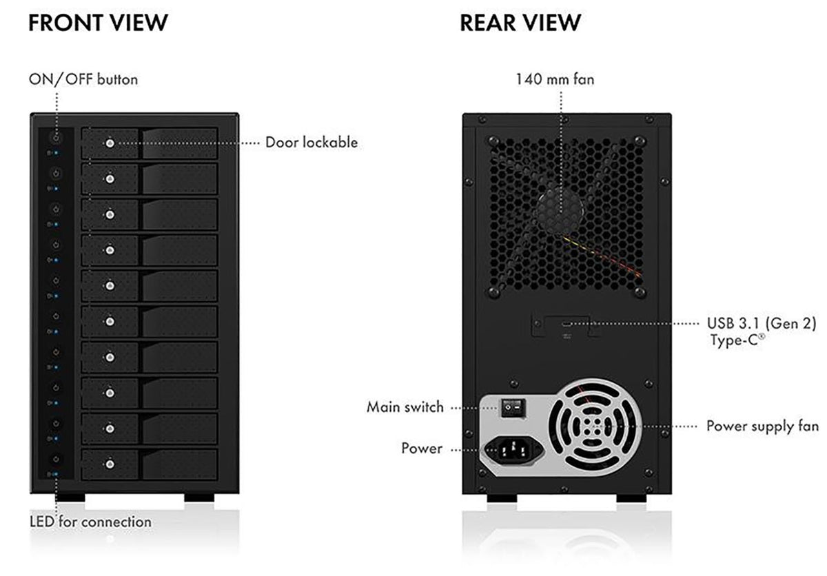 IB-3810-C31 SINGLE enclosure for 10x HDD with USB 3.1 (Gen 2) Type-C or Type-A interface