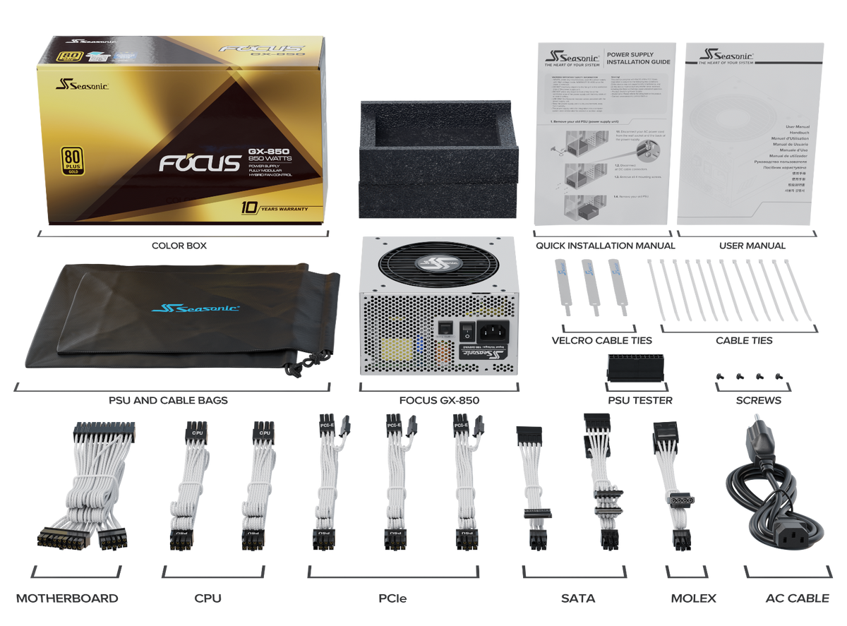 Focus GX-850 White 850W ATX 3.0 Gold Modular PSU, 10yr Coverage