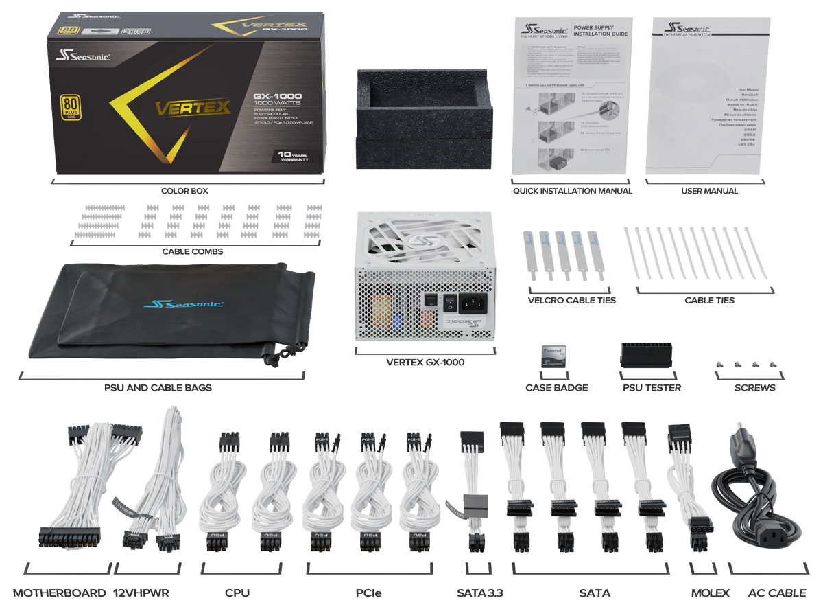 VERTEX GX-1000 White 1000W ATX 3.0 Gold Modular PSU, 10 Year Warranty Kit