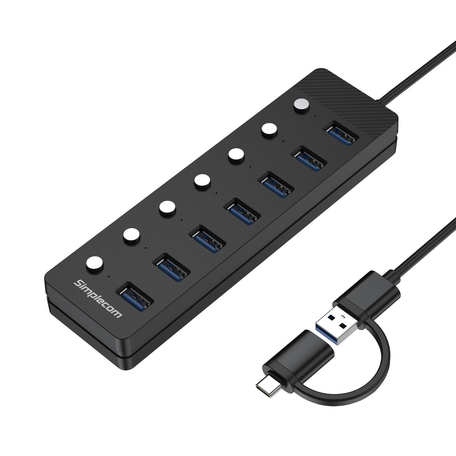 Simplecom CH375C USB-A and USB-C to 7-Port USB 3.0 Hub 5Gbps Individual Switches and Power Adapter