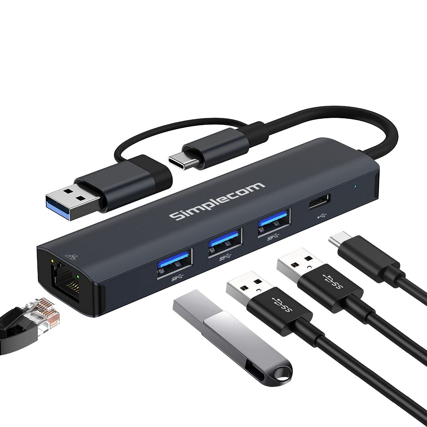 Simplecom CHN436 USB-C & USB-A 4 Port USB 3.0 Hub Gigabit Ethernet Adapter 5in1