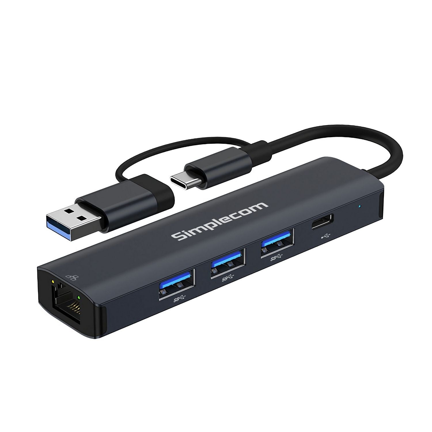 Simplecom CHN436 USB-C & USB-A 4 Port USB 3.0 Hub Gigabit Ethernet Adapter 5in1