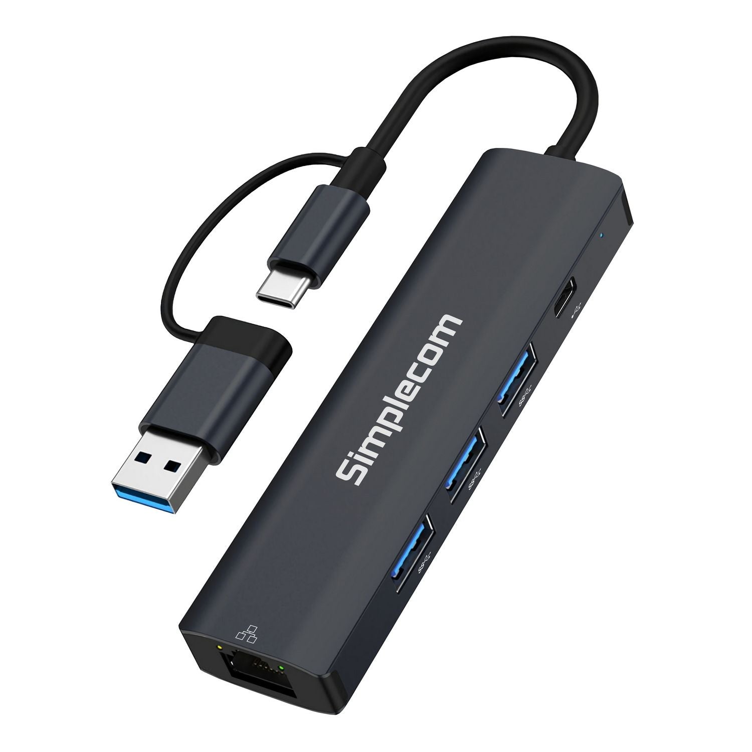 Simplecom CHN436 USB-C & USB-A 4 Port USB 3.0 Hub Gigabit Ethernet Adapter 5in1
