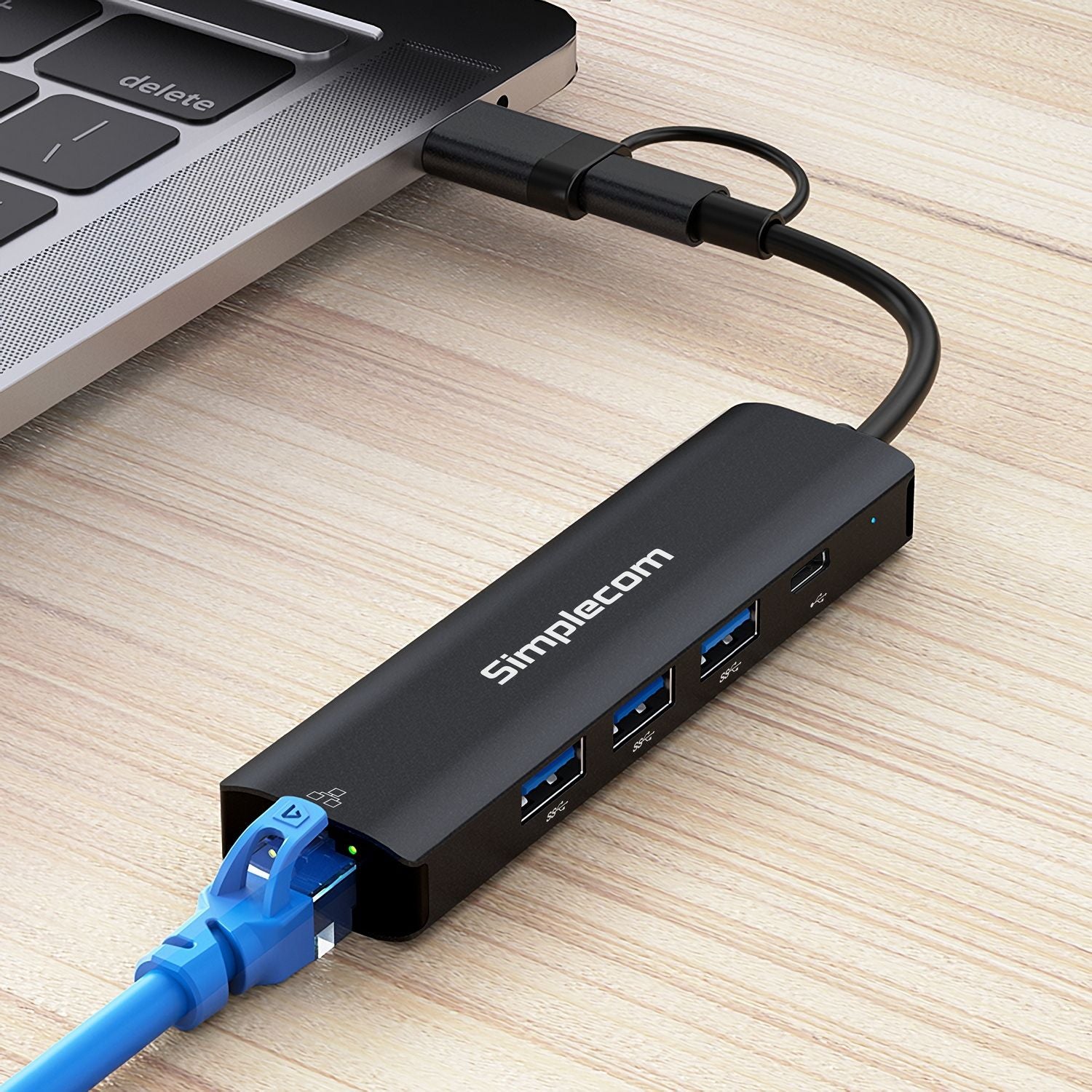 Simplecom CHN436 USB-C & USB-A 4 Port USB 3.0 Hub Gigabit Ethernet Adapter 5in1