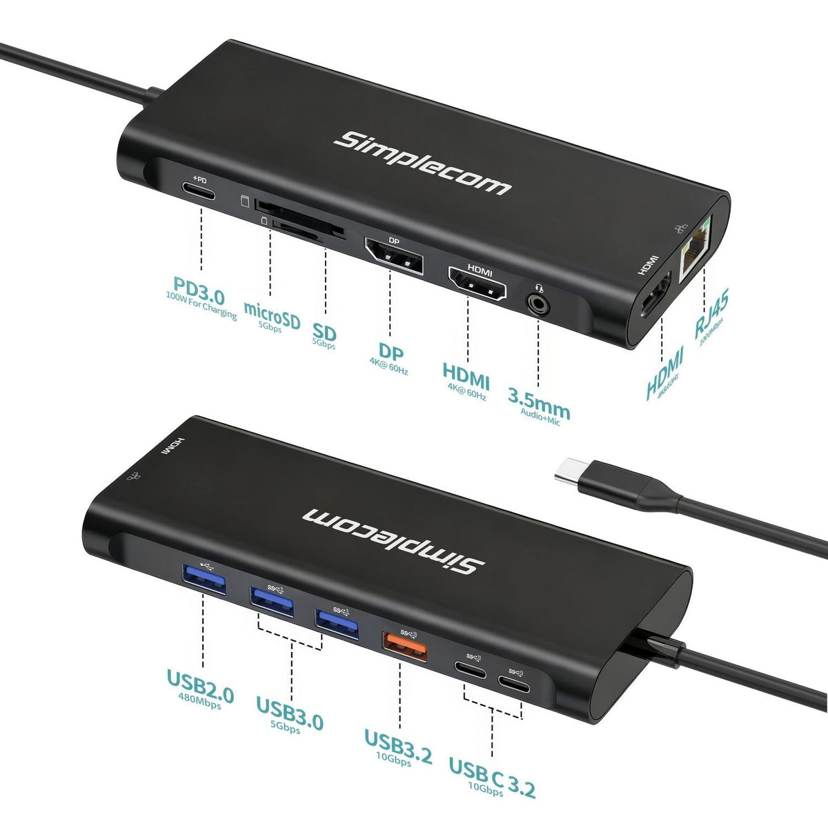 Simplecom CHT814 14-in-1 USB-C Docking Station Triple 4K Display Dual HDMI DP