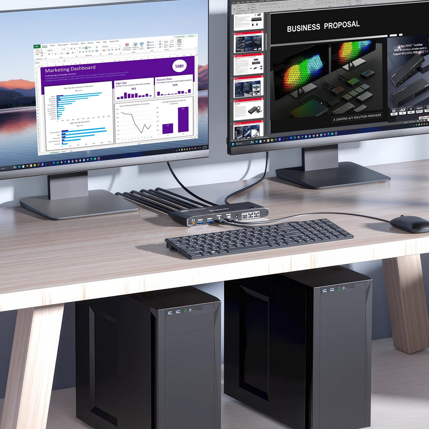 KM430 Dual HDMI Monitor KVM Switch for 2 Computers with 4-Port USB Hub 4K@60Hz Keyboard Hotkey