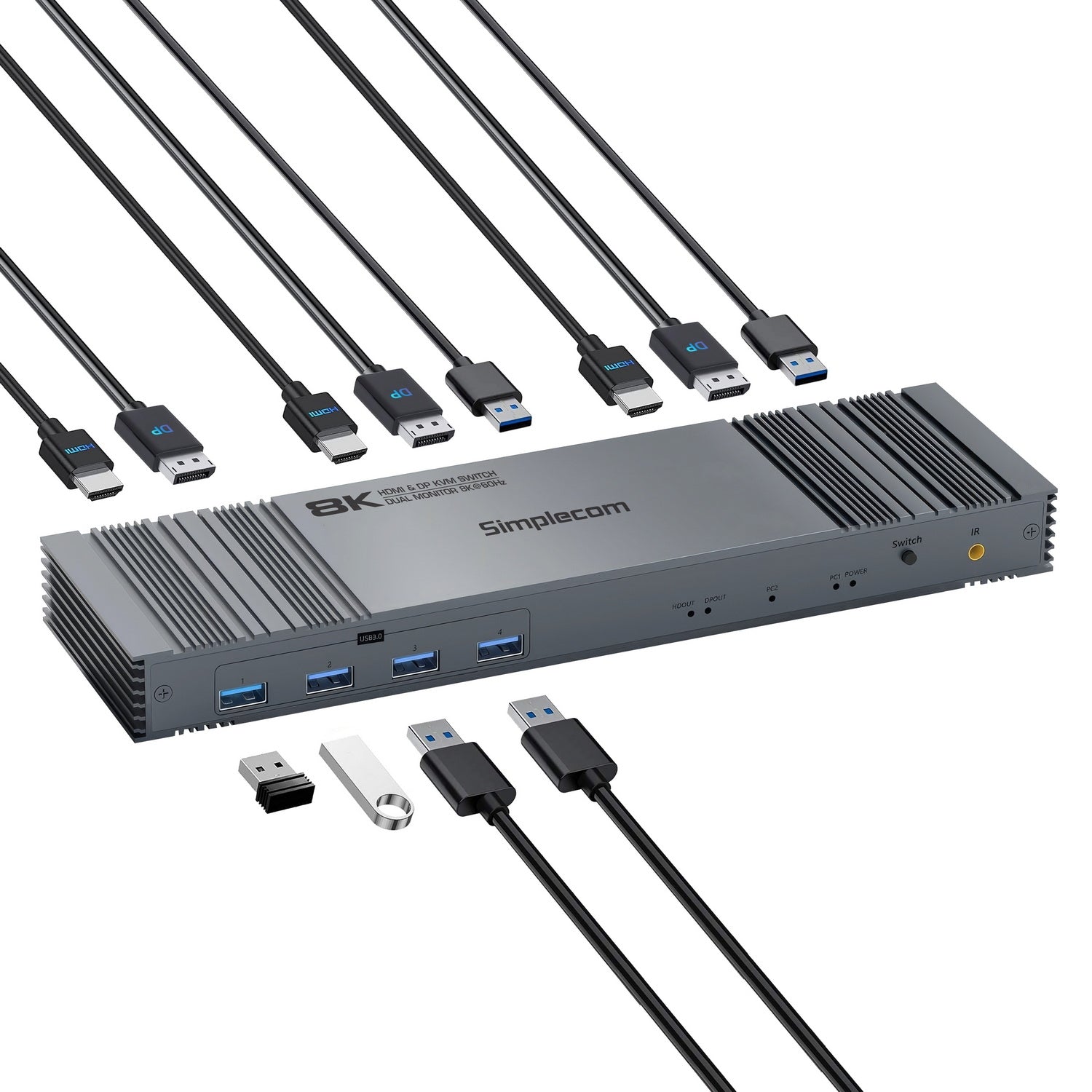 KM490 HDMI and DisplayPort Dual Monitor KVM Switch for 2 Computers with 4-Port USB 3.0 Hub 5Gbps 8K@60Hz