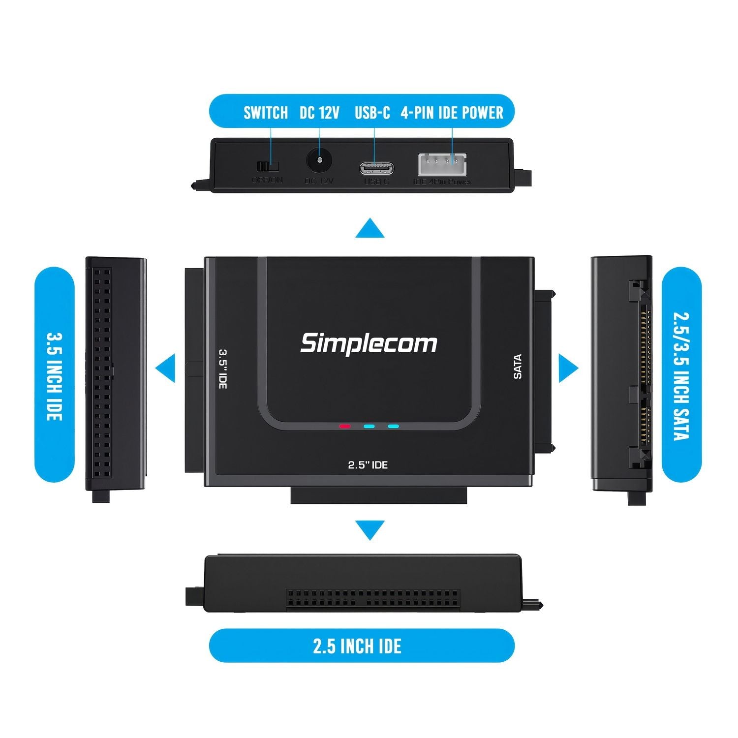 Simplecom SA492C USB-C to SATA IDE Adapter 2.5 3.5 5.25in Drives Power 5Gbps