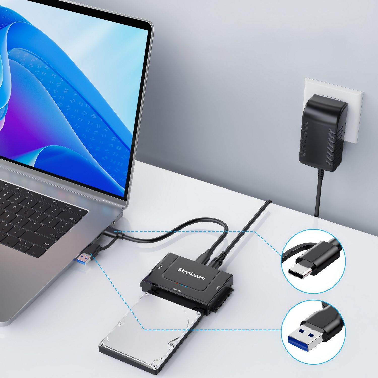Simplecom SA492C USB-C to SATA IDE Adapter 2.5 3.5 5.25in Drives Power 5Gbps