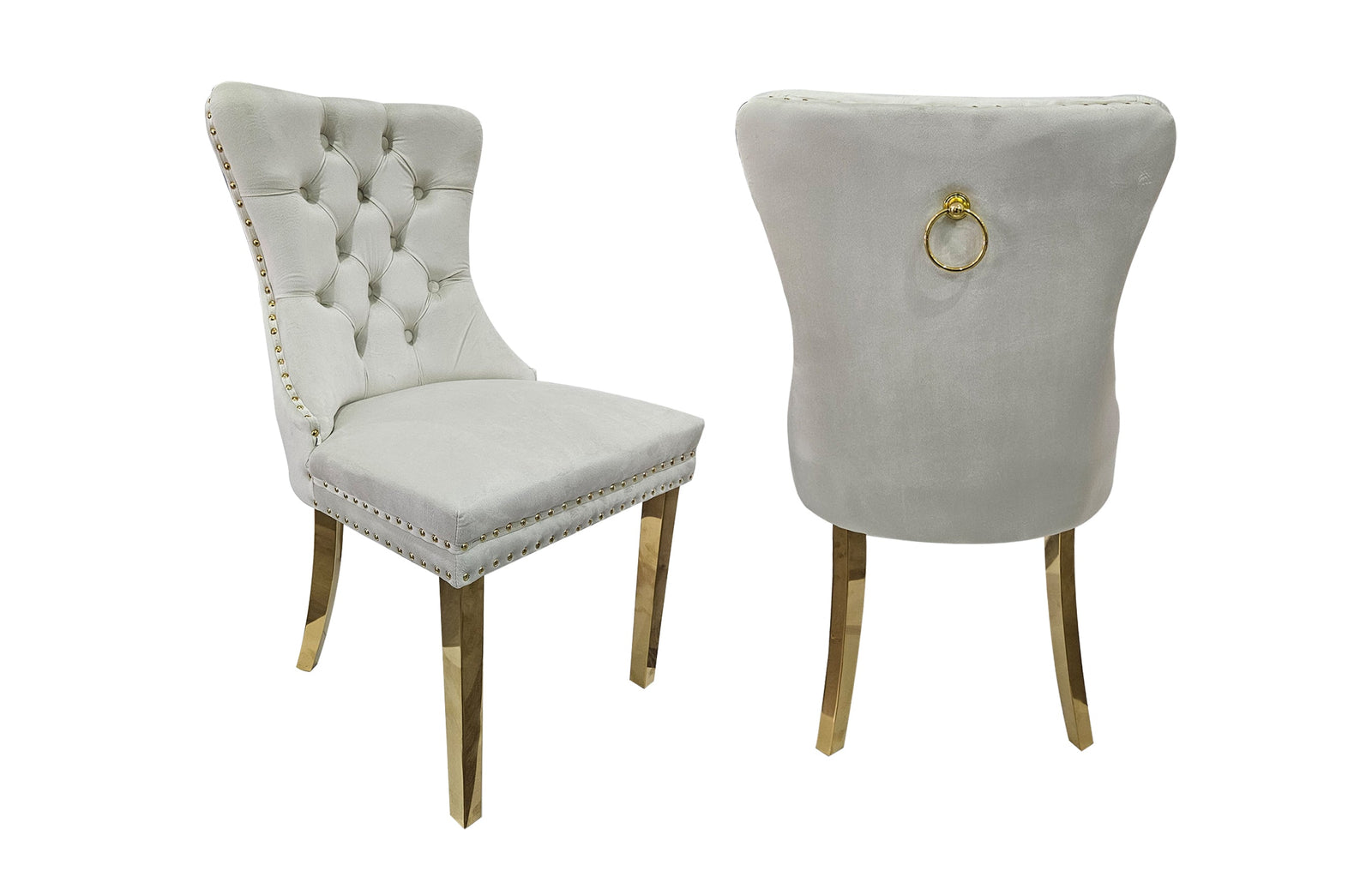 Set of 2 -Alsea Beige Velvet & Gold Polished Steel Dining Chairs Upholstered Tufted Stud Trim and Ring