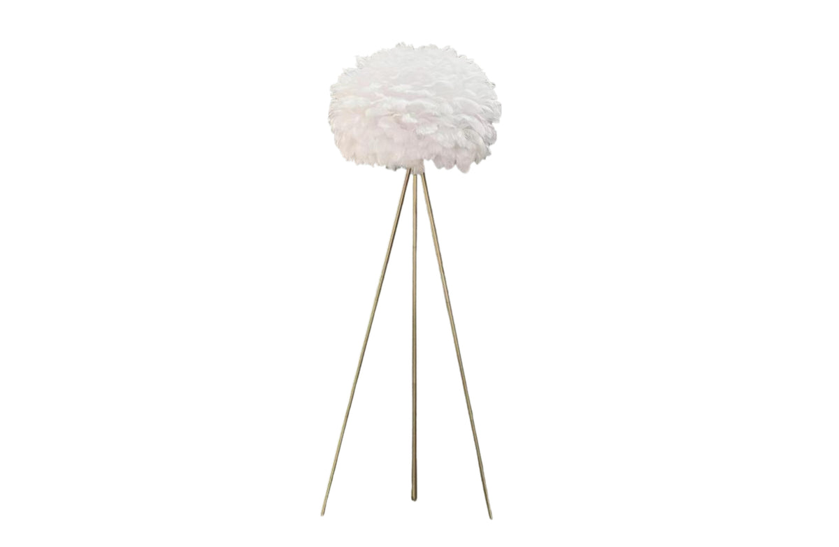 Feather Tripod Floor Lamp White Shade Gold Metal Base 150cm Designer
