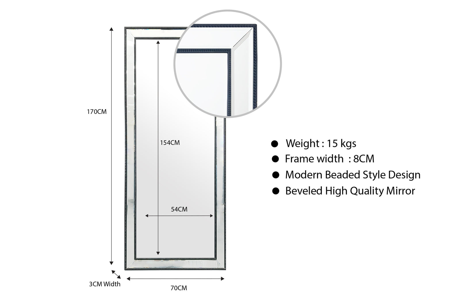Medium Black Beaded Framed Mirror - 70cm x 170cm