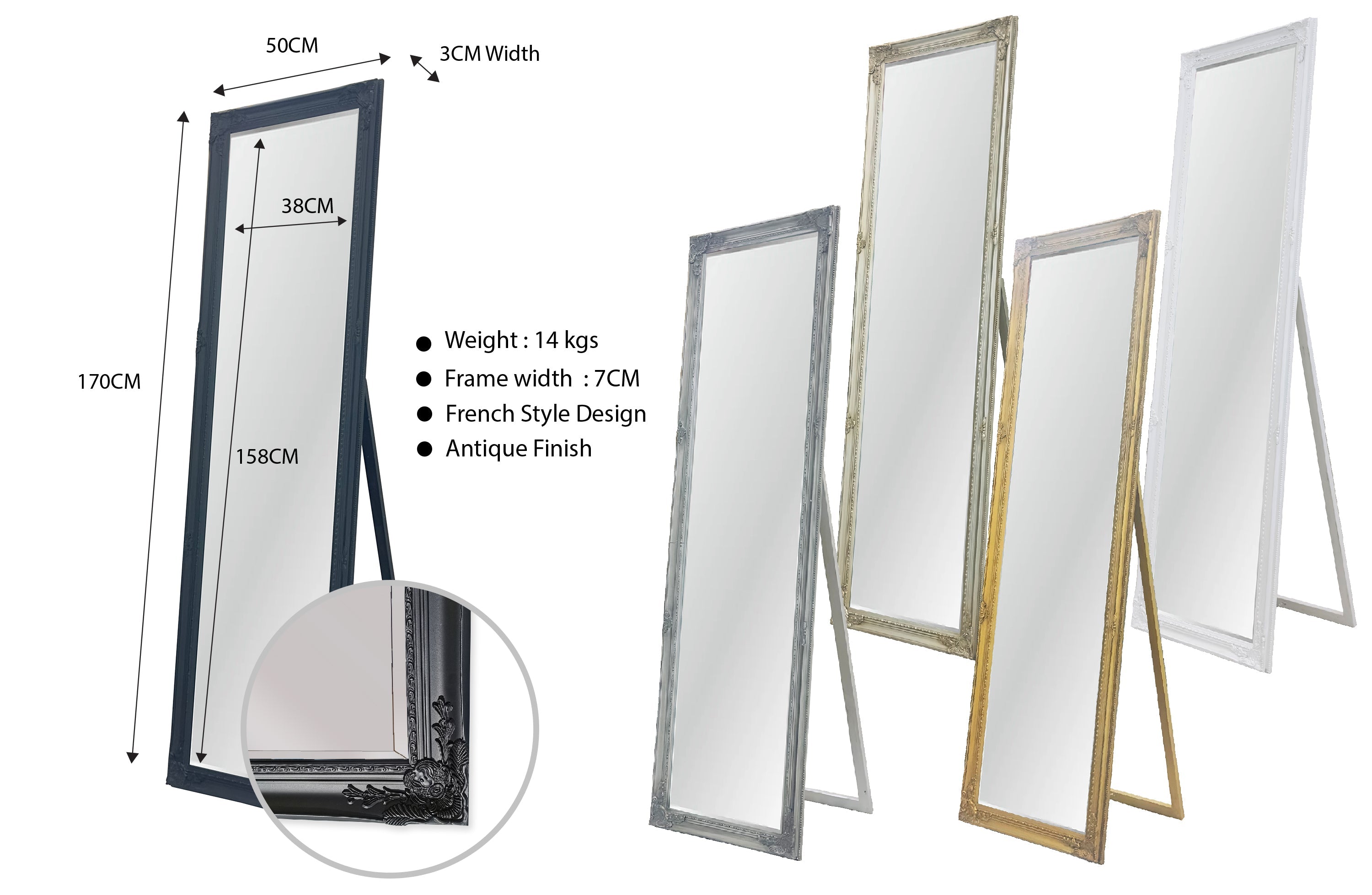 French Provincial Ornate Mirror - Black - Free Standing 50cm x 170cm