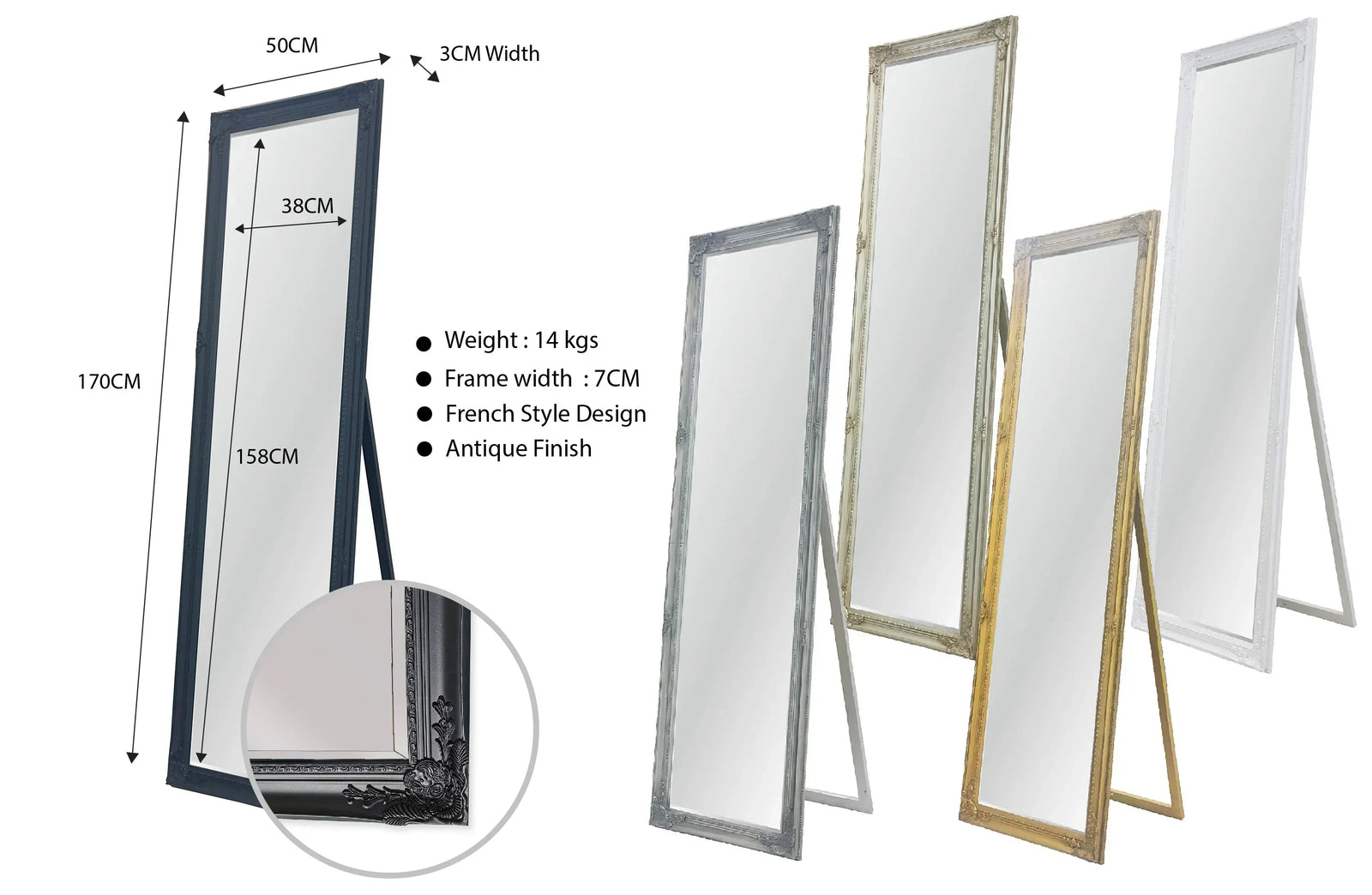 French Provincial Ornate Mirror - Gold - Free Standing 50cm x 170cm