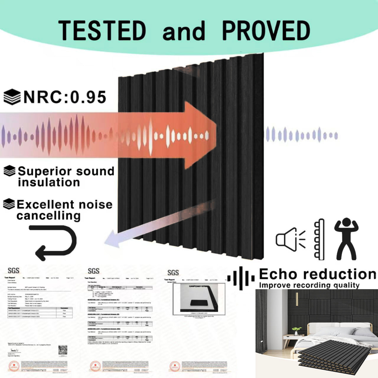 4 Pcs 60cm x 60cm Wall Panel Wood Slat Acoustic Panels Sound Absorbing Proof Panel for Wall Ceiling Decorative Black