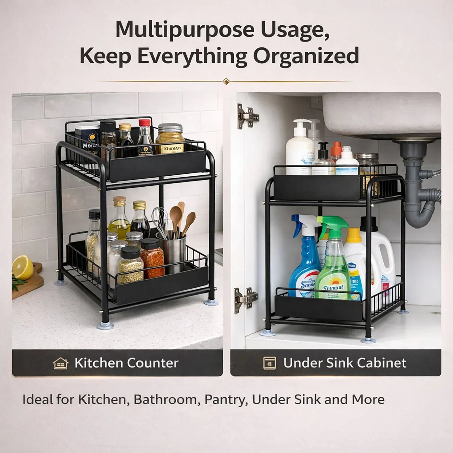 2 Tier Under Sink Storage Rack Kitchen Organizer Steel Frame with Removable Baskets & Suction Feet Black