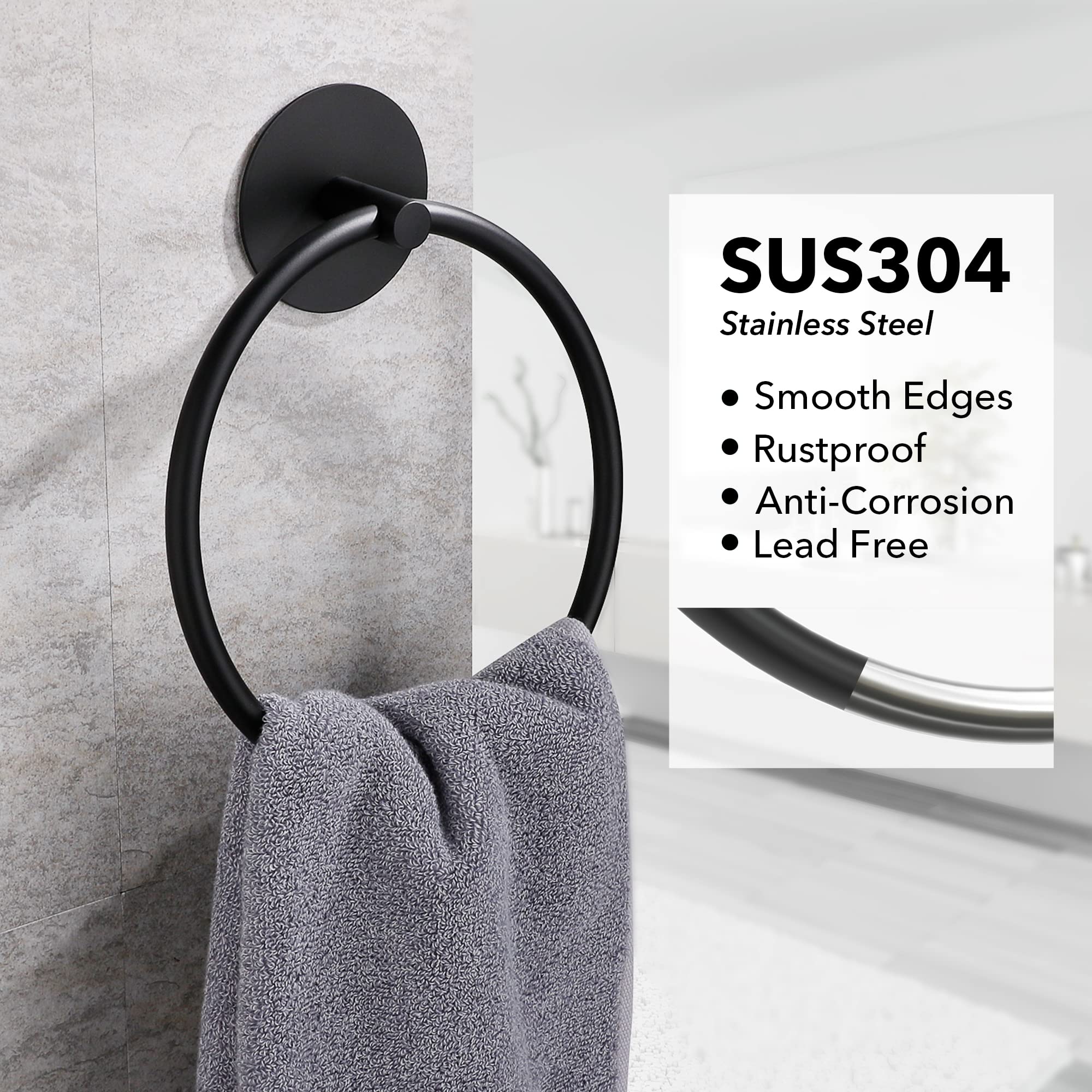 Bathroom Towel Ring Bathroom Towel Rack Adhesive Hand Towels Holder Towel Hanger Round Black