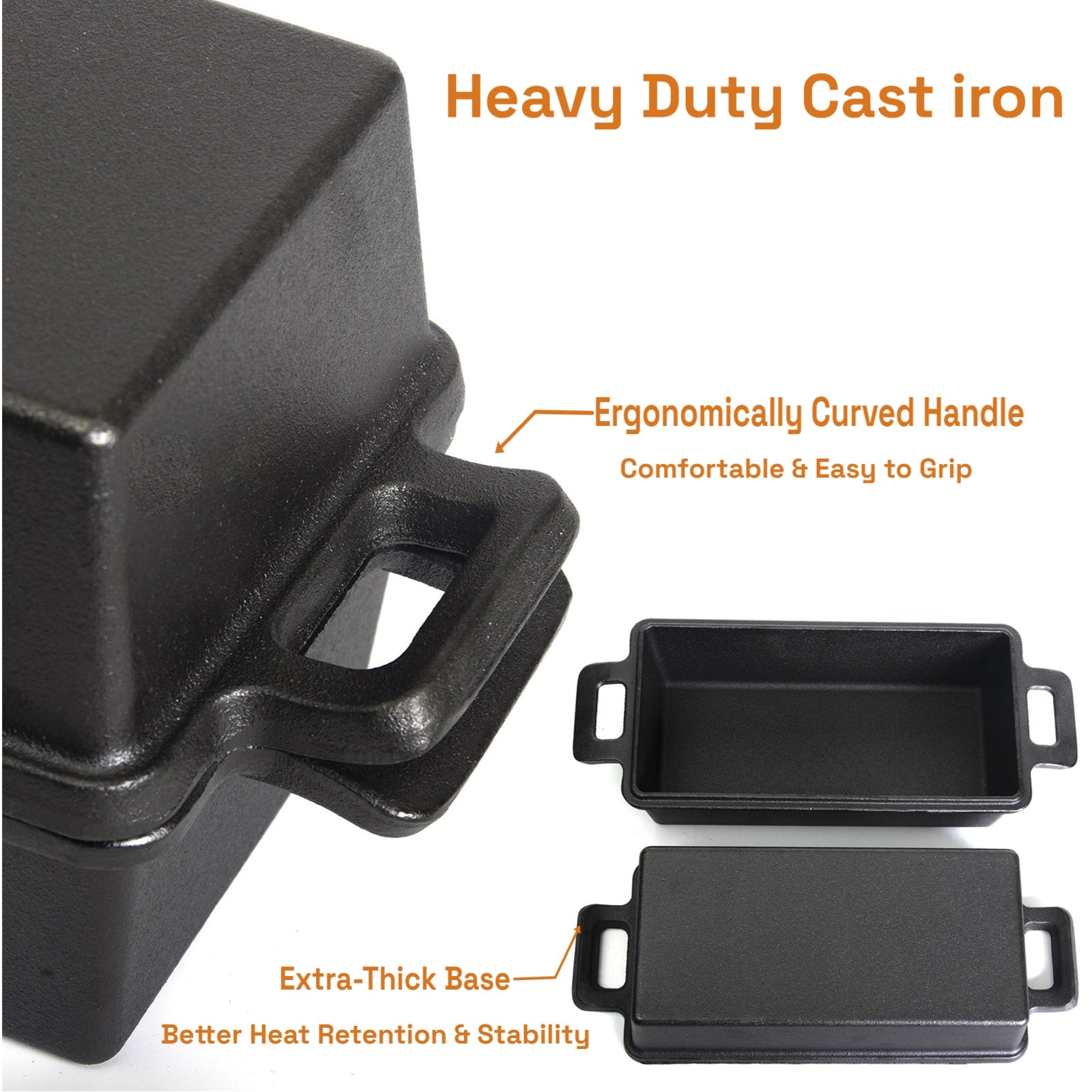 2-in-1 Cast Iron Bread Loaf Pan Tin with Lid Dual Use Baking Dish with Ergonomic Handles, Pre-Seasoned for Oven Cooking