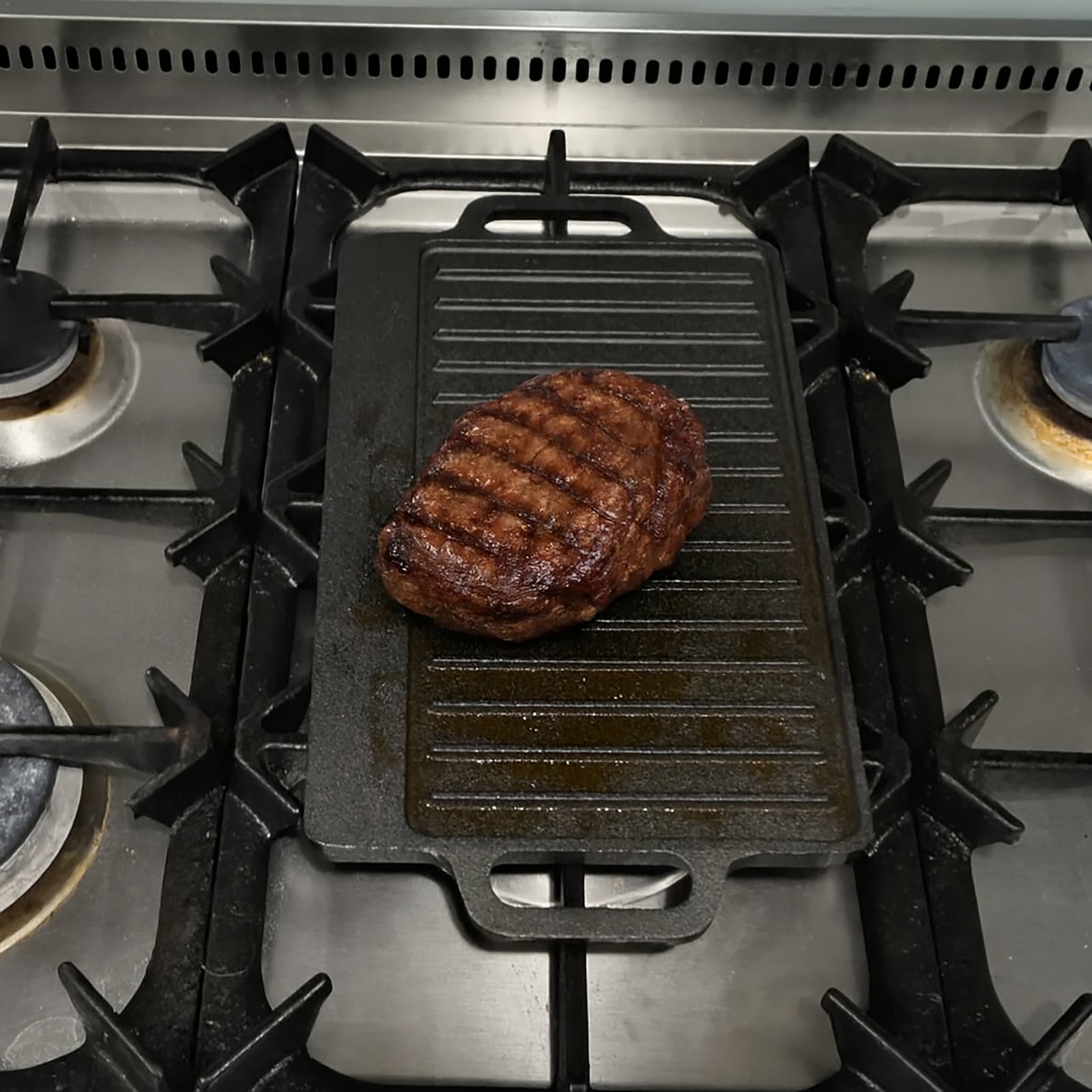 40 cm Reversible Cast Iron Grill & Griddle -Dual-Sided (Flat & Ribbed), Pre-Seasoned, Handles, for Stove-Top & Outdoor Use