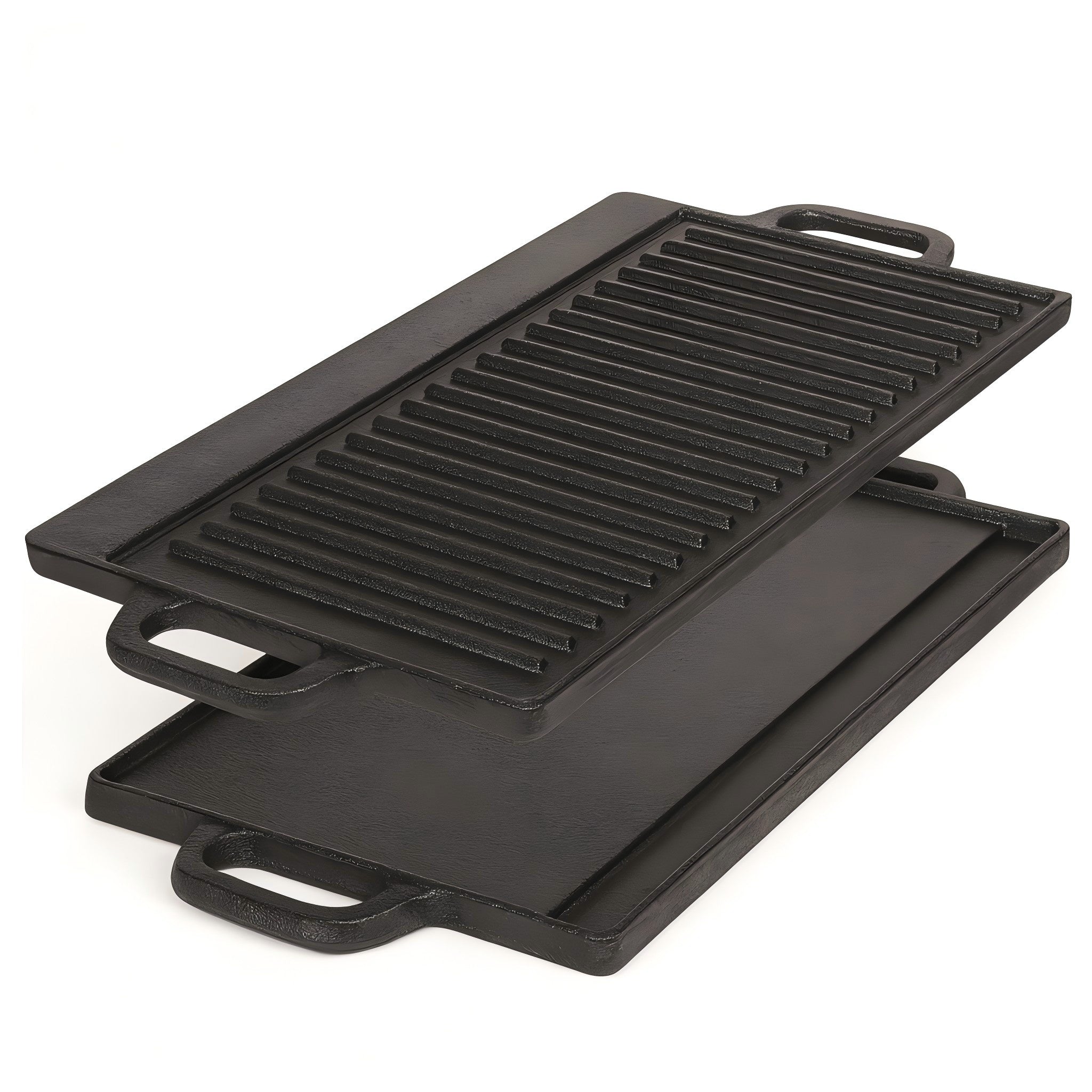 50 cm Reversible Cast Iron Grill & Griddle -Dual-Sided (Flat & Ribbed), Pre-Seasoned, Handles, for Stove-Top & Outdoor Use