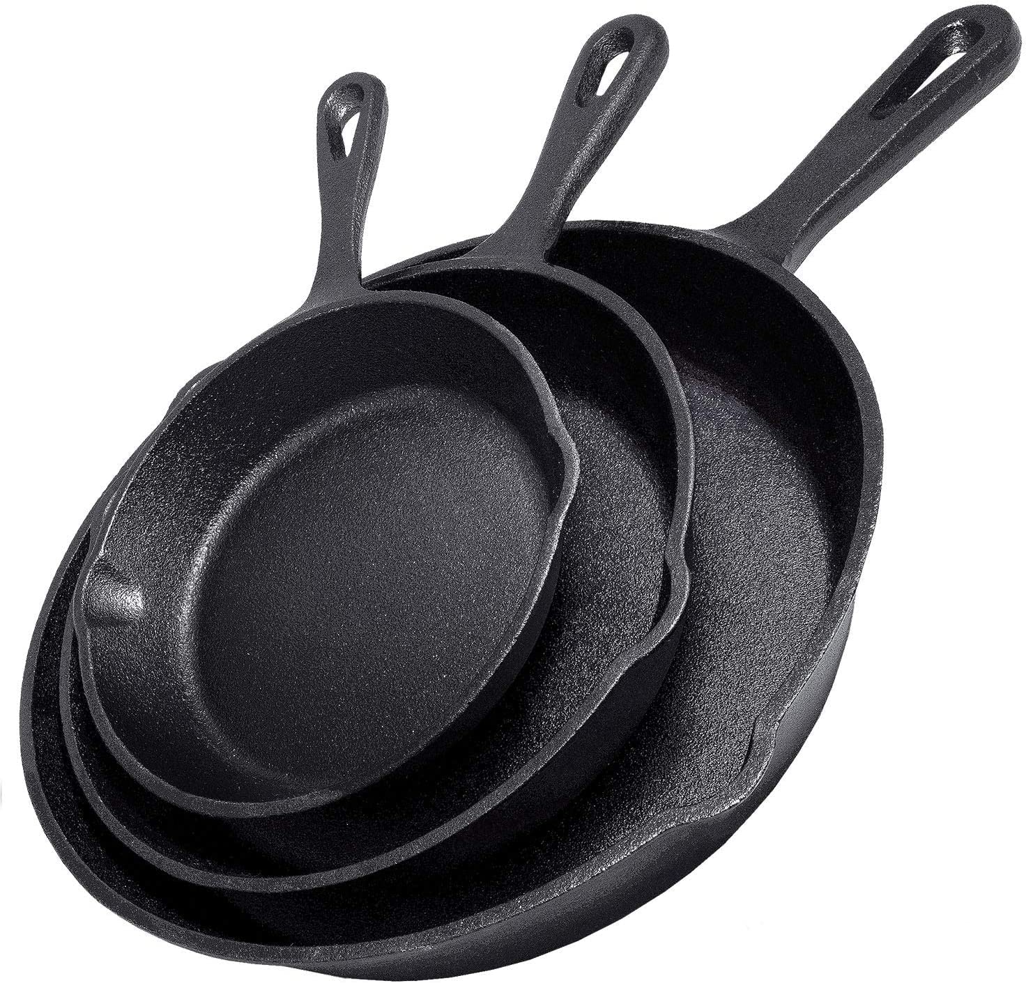 Cast Iron Skillet Cookware 3-Piece Set Chef Quality Pre-Seasoned Pan 10" 8" 6" Pans