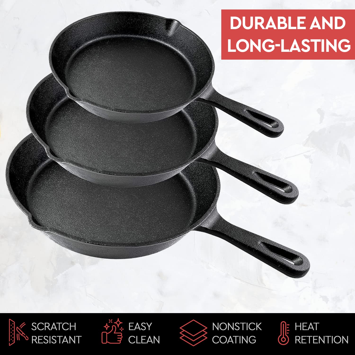 Cast Iron Skillet Cookware 3-Piece Set Chef Quality Pre-Seasoned Pan 10