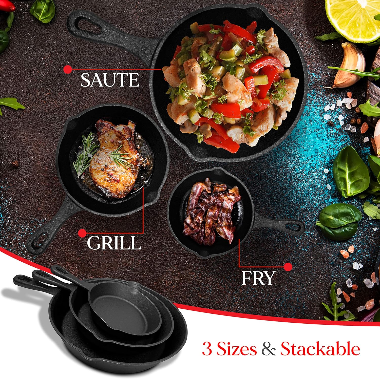 Cast Iron Skillet Cookware 3-Piece Set Chef Quality Pre-Seasoned Pan 10