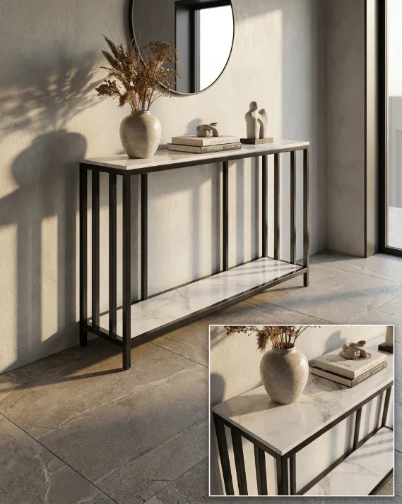 Bronte Dual Layer Marble Stone Console - White Marble Stone