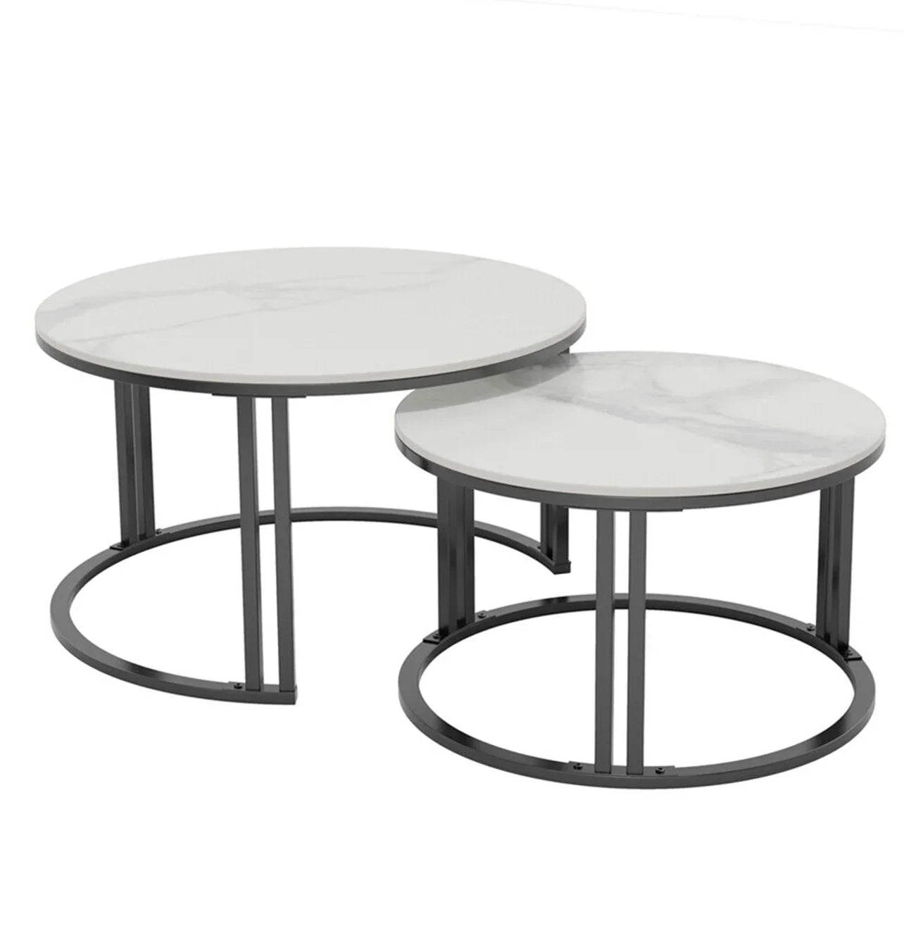 Premier Square Nesting Coffee Table Set – White Sintered Stone & Black Iron