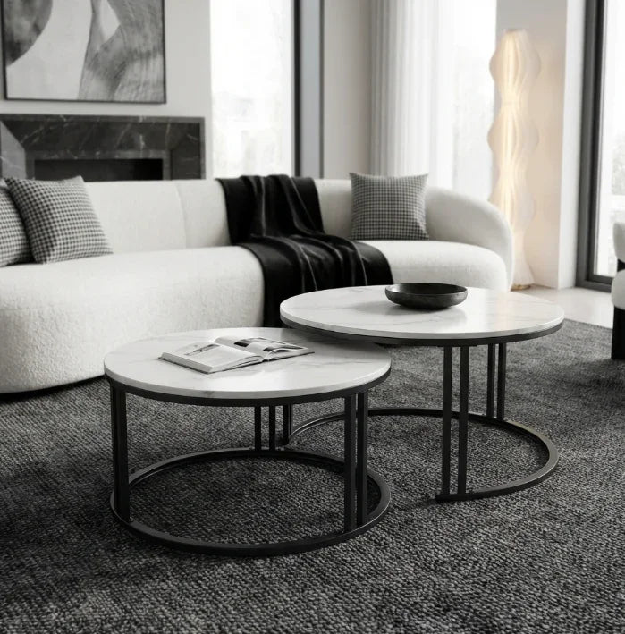 Premier Square Nesting Coffee Table Set – White Sintered Stone & Black Iron