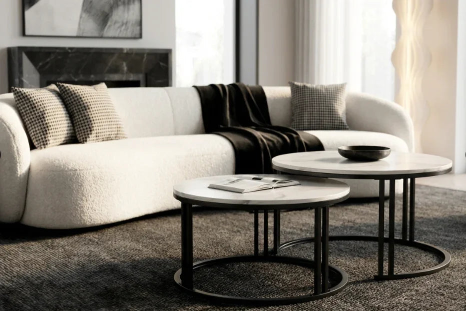 Premier Square Nesting Coffee Table Set – White Sintered Stone & Black Iron