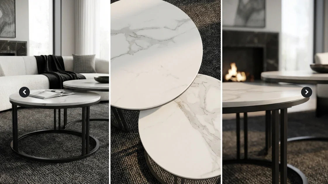 Premier Square Nesting Coffee Table Set – White Sintered Stone & Black Iron