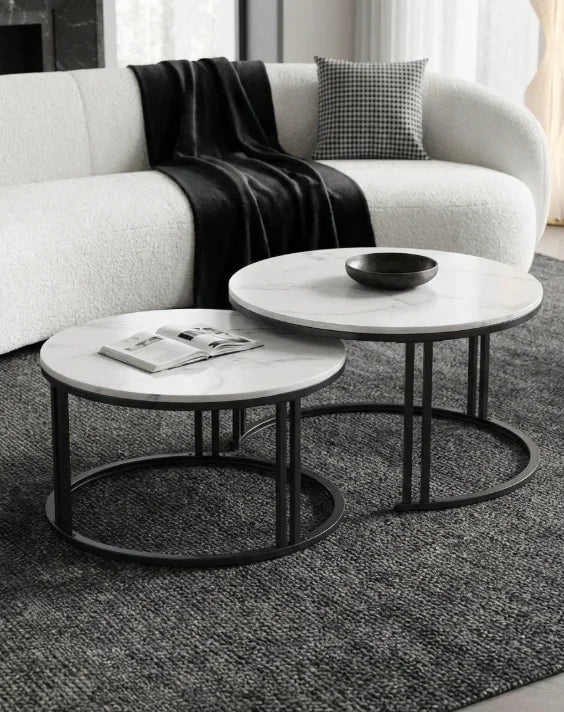 Premier Square Nesting Coffee Table Set – White Sintered Stone & Black Iron