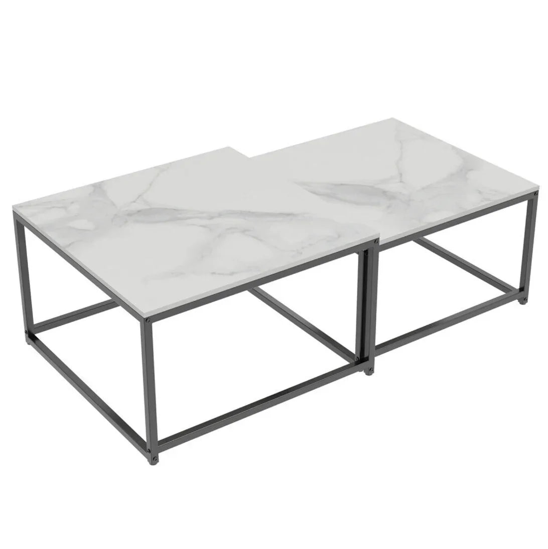 Ciest Square Nesting Coffee Table Set – White Sintered Stone & Black Iron