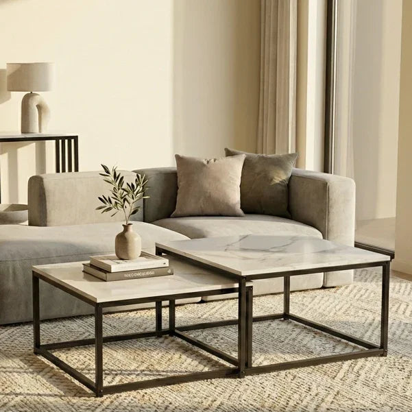 Ciest Square Nesting Coffee Table Set – White Sintered Stone & Black Iron