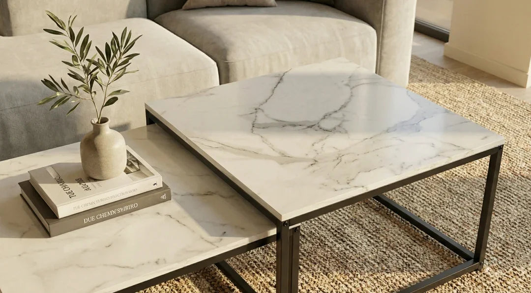 Ciest Square Nesting Coffee Table Set – White Sintered Stone & Black Iron